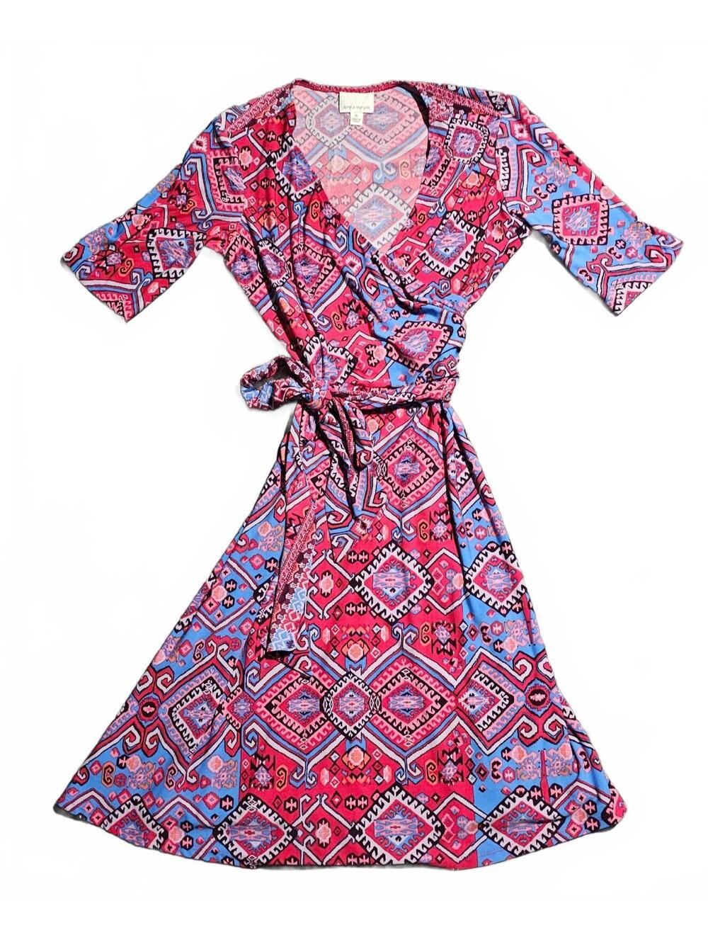 Donna Morgan Womens Wrap Dress Size 6 Red Purple Wrap Style 1/2 sleeves Colorful